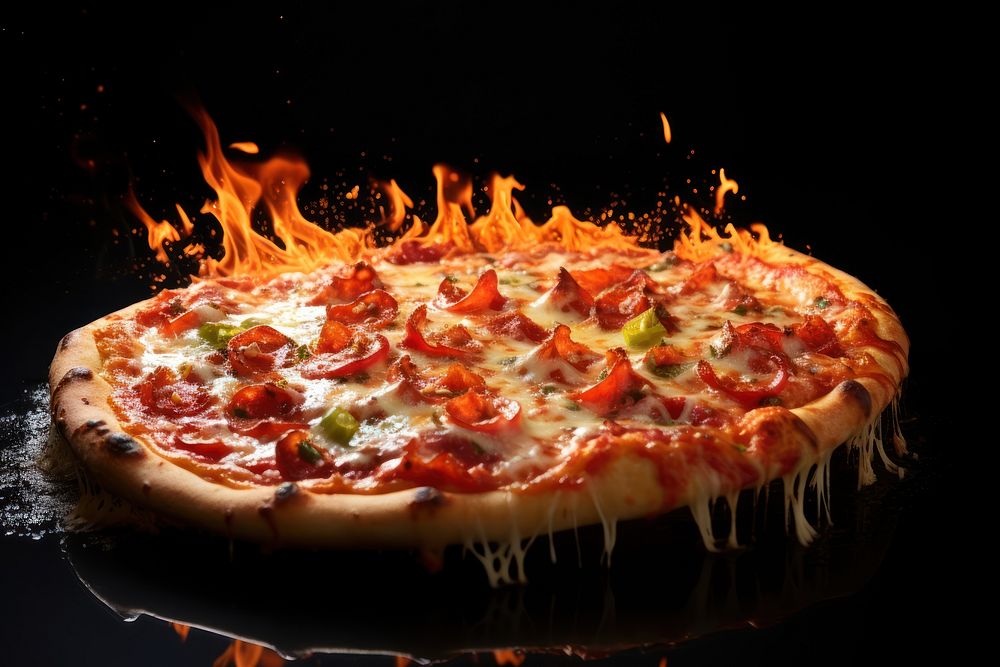 Pizza food fire black background.