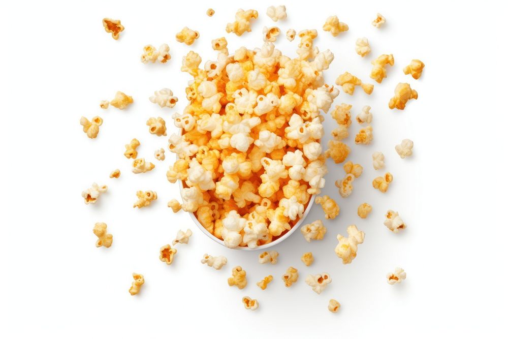 Falling popcorn in box snack food white background.