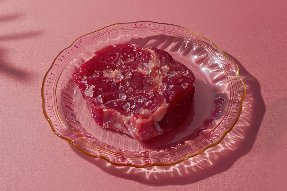 Small plastic plate with meat food pomegranate freshness.