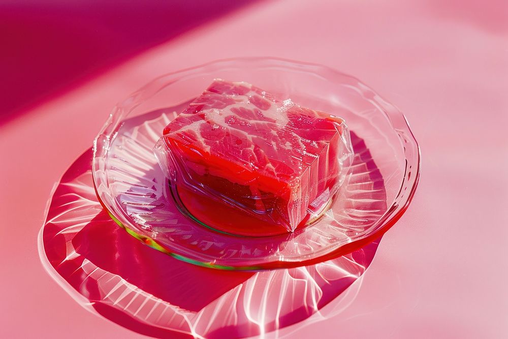 Small plastic plate with meat food strawberry freshness.