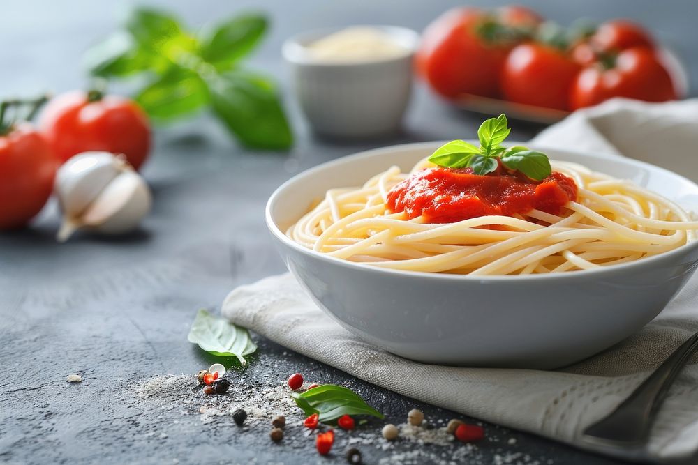 Spaghetti on bowl tomato pasta sauce.