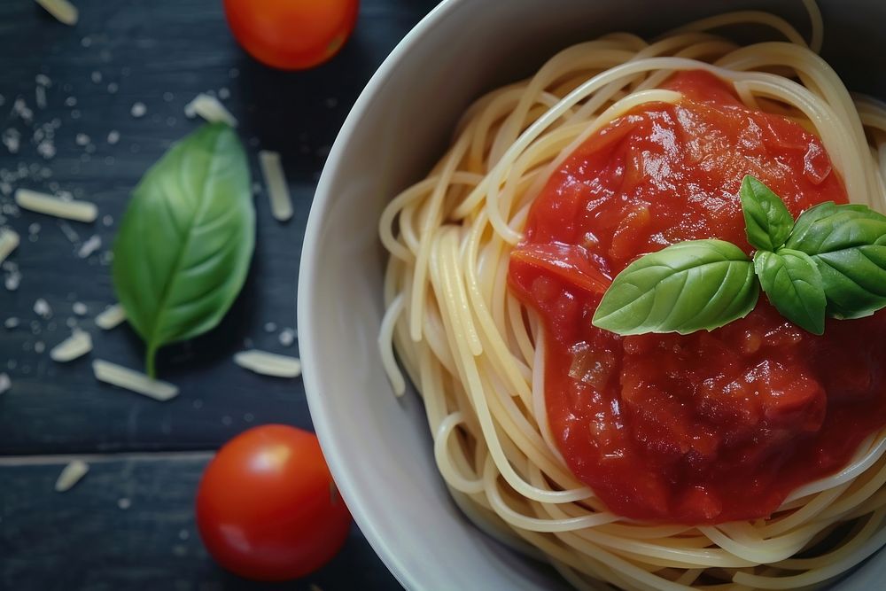 Spaghetti on bowl tomato sauce pasta.