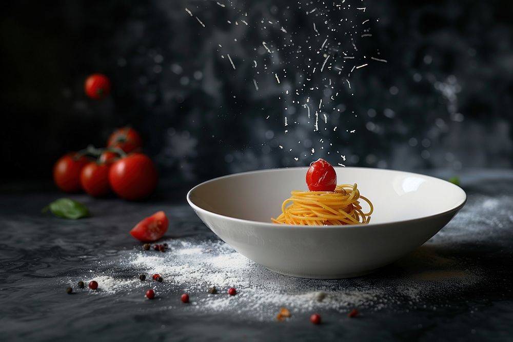 Spaghetti on bowl plate food strawberry.