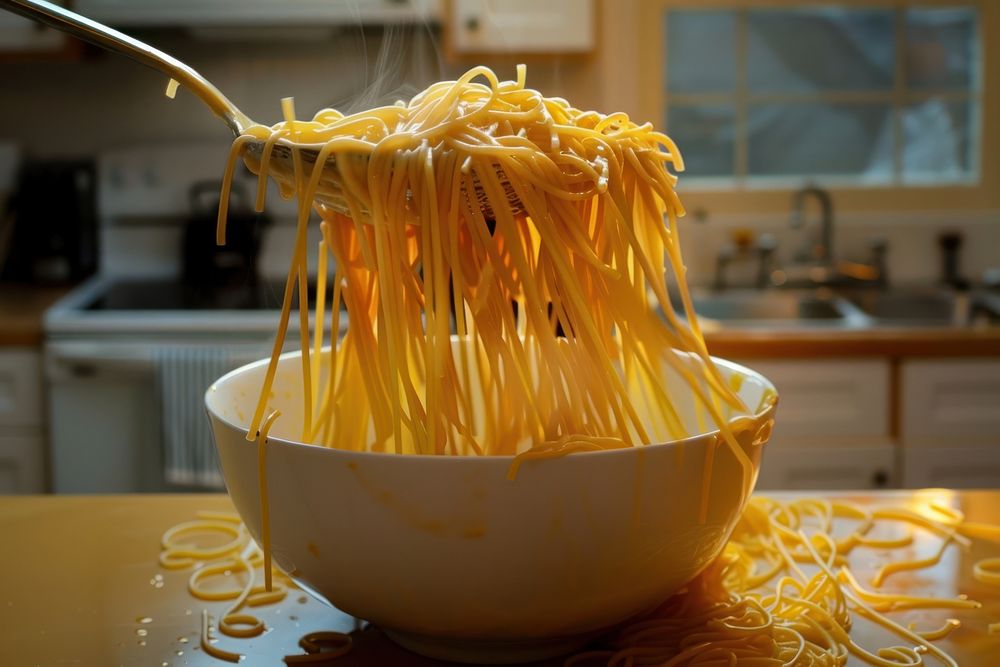 Spaghetti on bowl food meal dish.