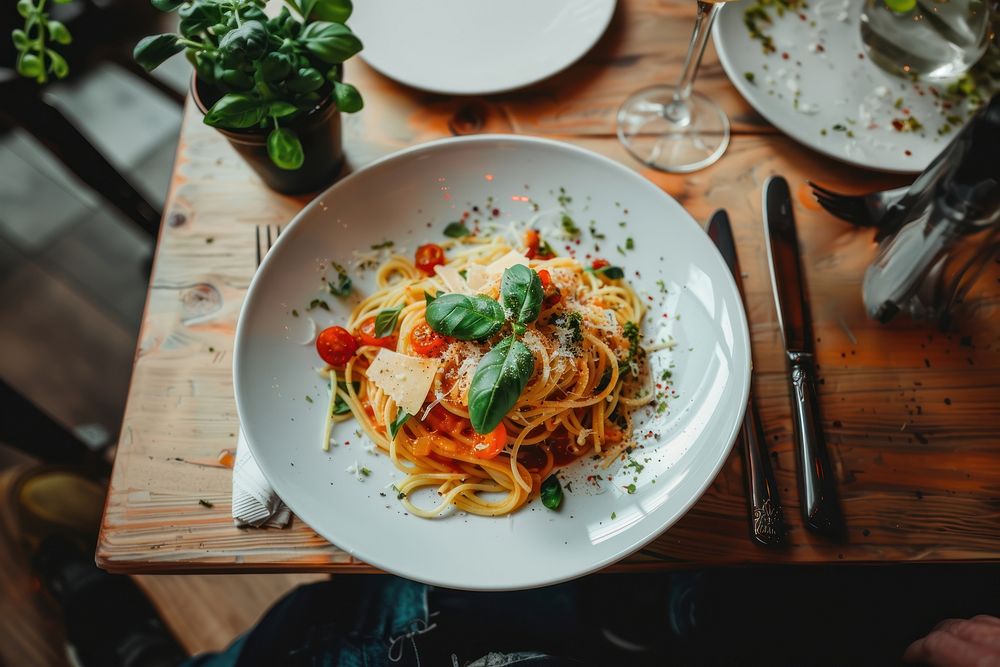 Spaghetti on plate pasta food restaurant.