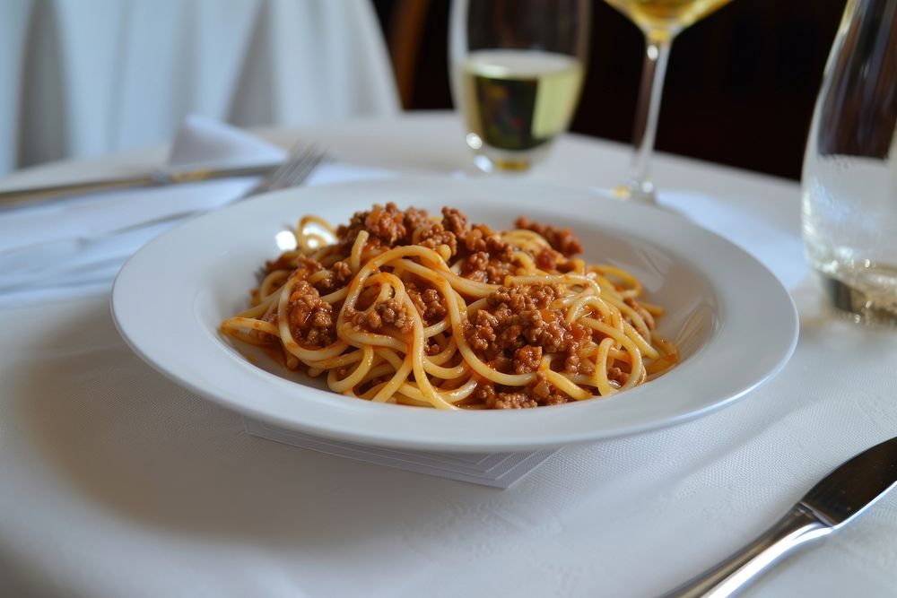 Spaghettis bolognaise pasta plate food.