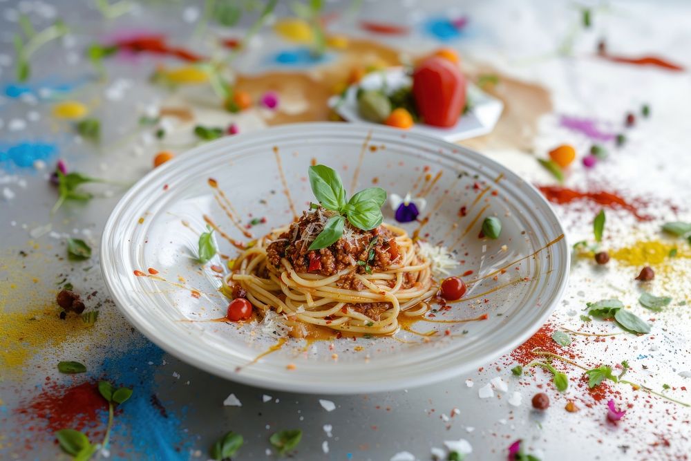 Spaghettis bolognaise pasta plate food.