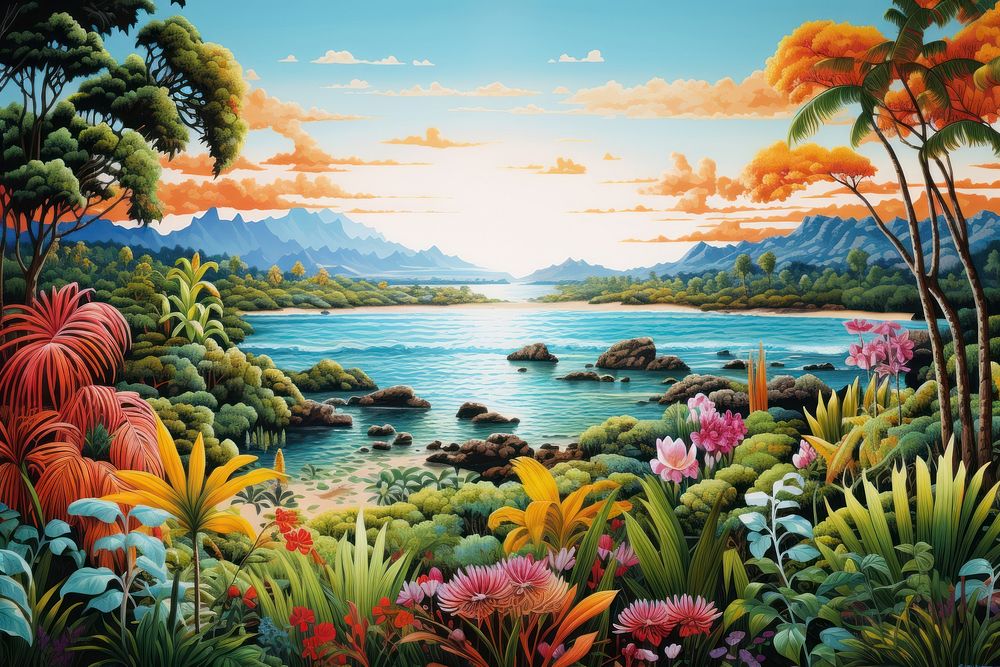 Illustration of a tropical landscape outdoors painting.