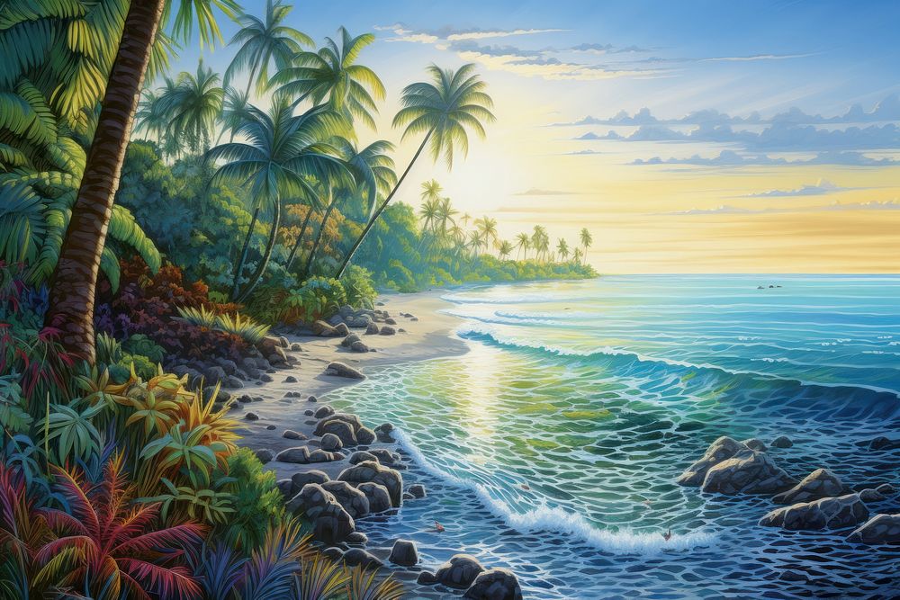 Illustration of a tropical landscape outdoors tropics.
