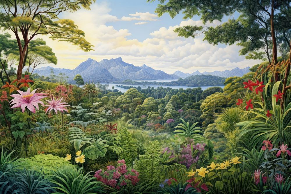 Illustration of a tropical landscape vegetation outdoors.