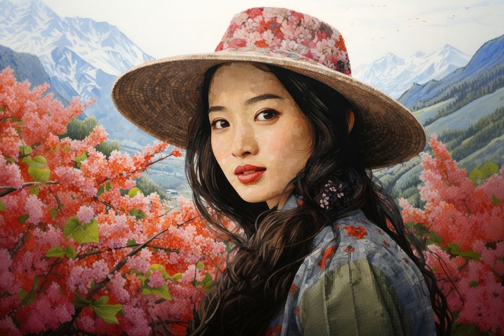 Illustration of a asian woman painting portrait outdoors.