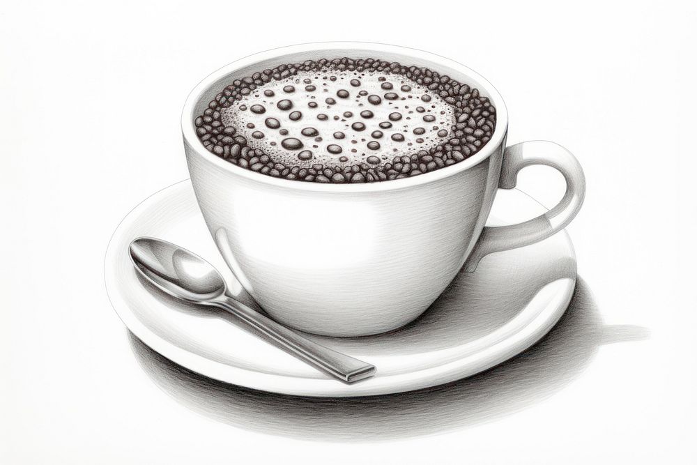 Illustration of a hot chocalate cup saucer coffee spoon.