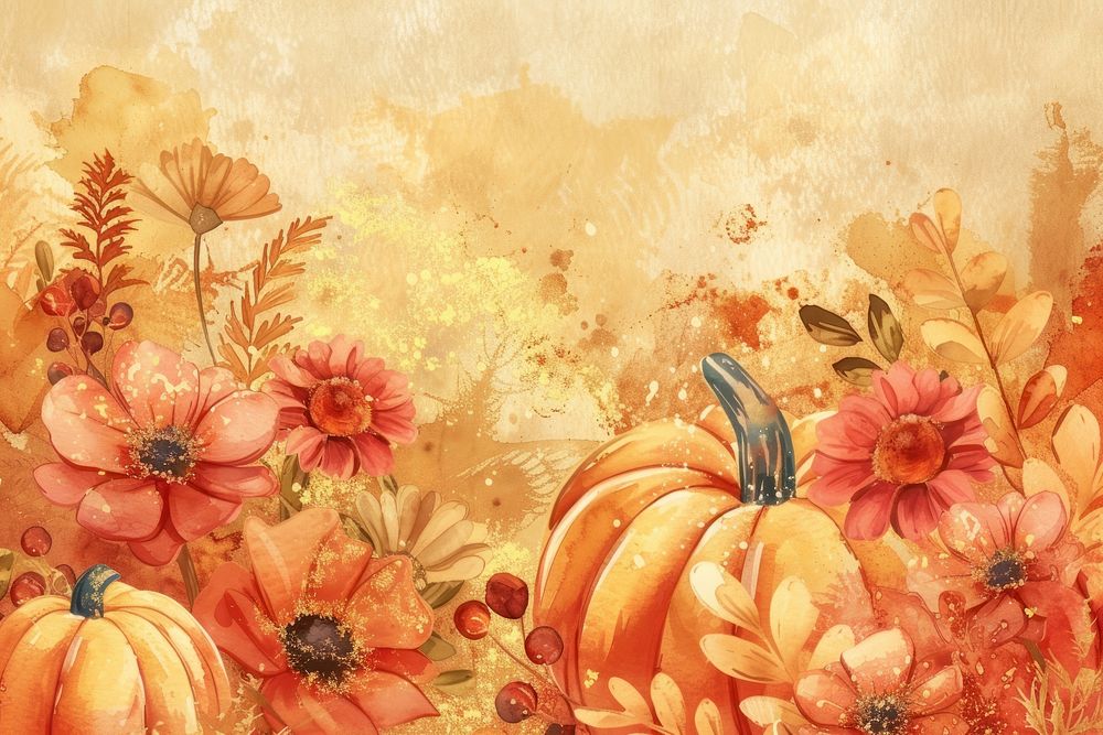 Pumpkin and Autumn Flower watercolor background backgrounds painting pumpkin.