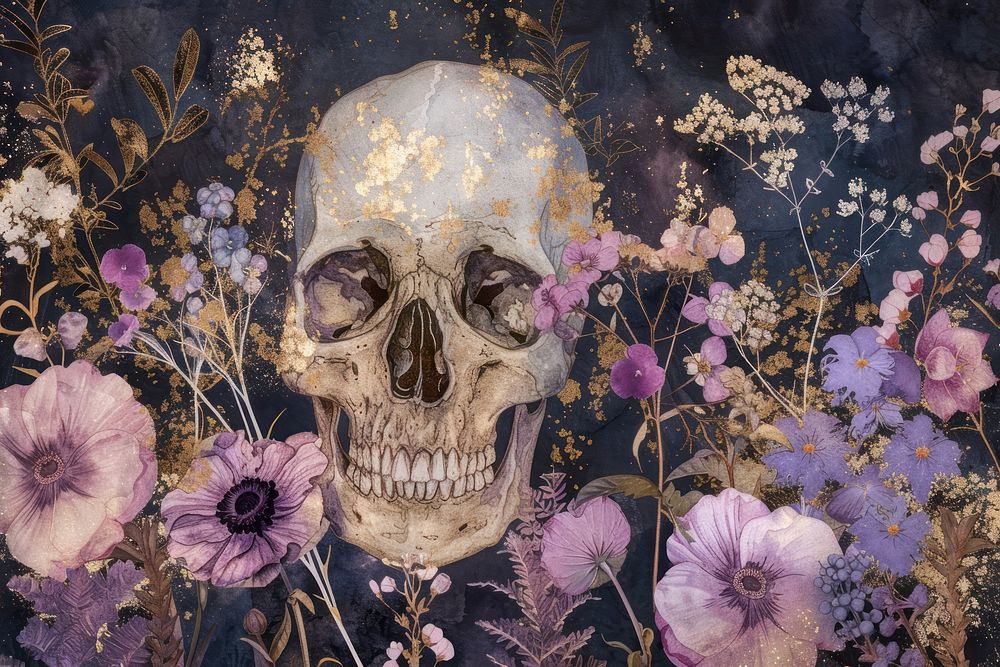 Skull and wildflower watercolor background purple painting death.
