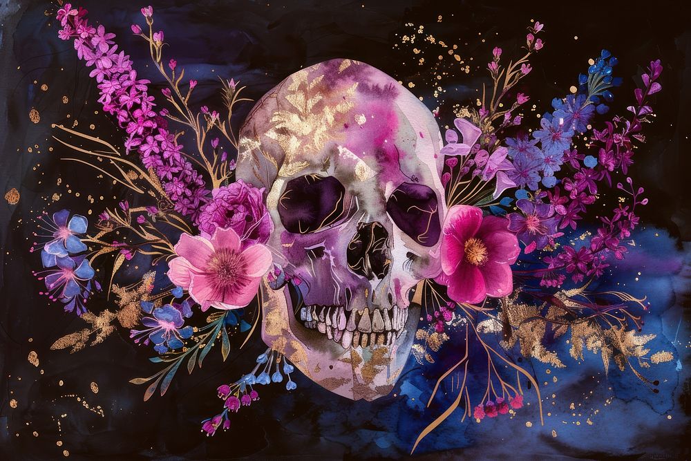 Skull and wildflower watercolor background purple painting death.