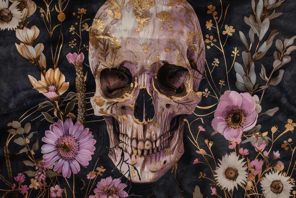 Skull and wildflower watercolor background painting pattern purple.