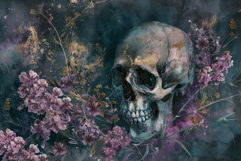 Skull and wildflower watercolor background painting purple death.