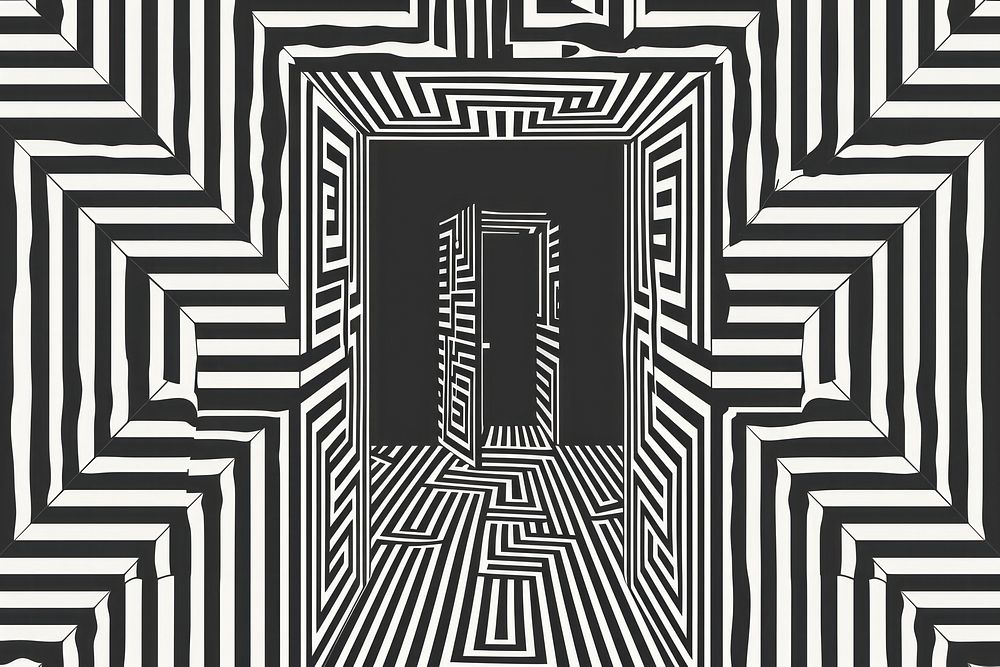 Mind bending flat line illusion poster of a door pattern black maze.