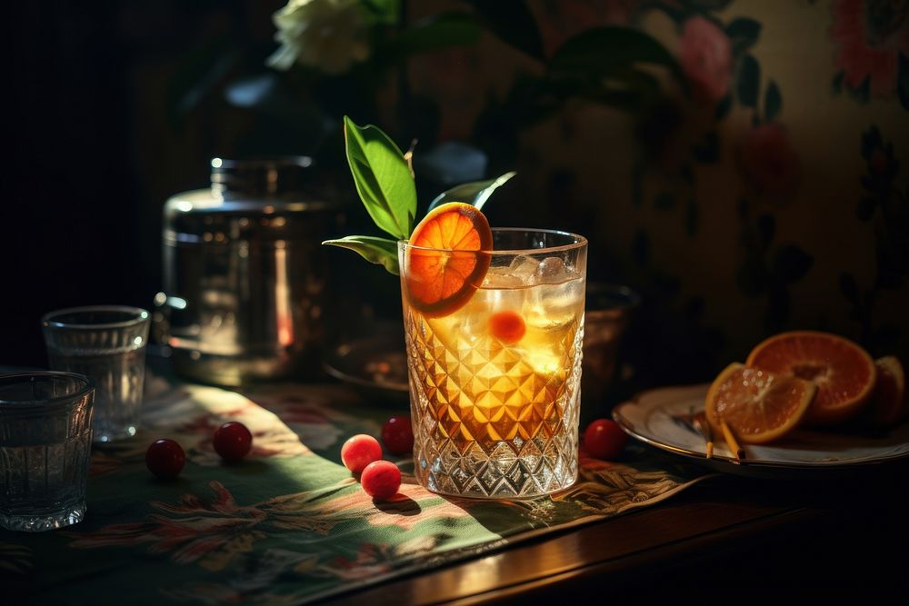 A fashionable photography of a bar and drinks in advertisment style cocktail fruit glass.