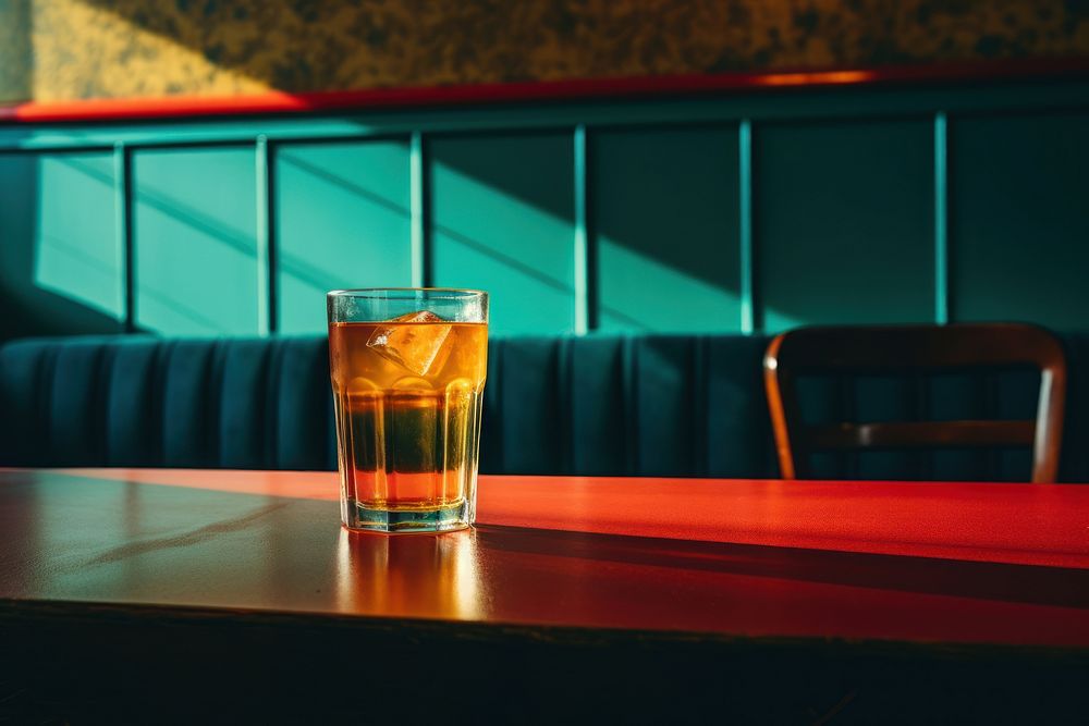 A fashionable photography of a bar and drinks in indie film style cocktail glass table.
