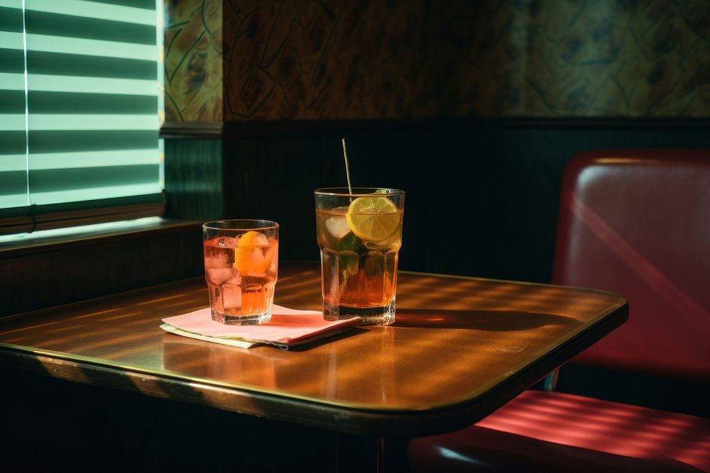 A fashionable photography of a bar and drinks in indie film style furniture cocktail table.