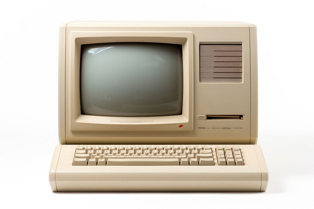 Old computer white background electronics television.