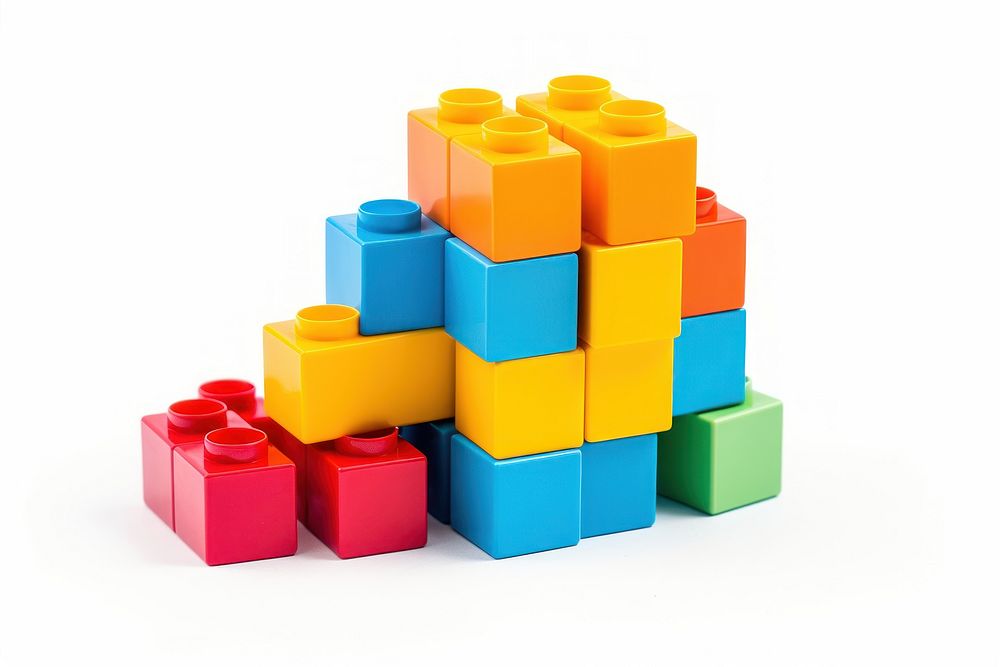 Plastic building blocks toy white background construction.
