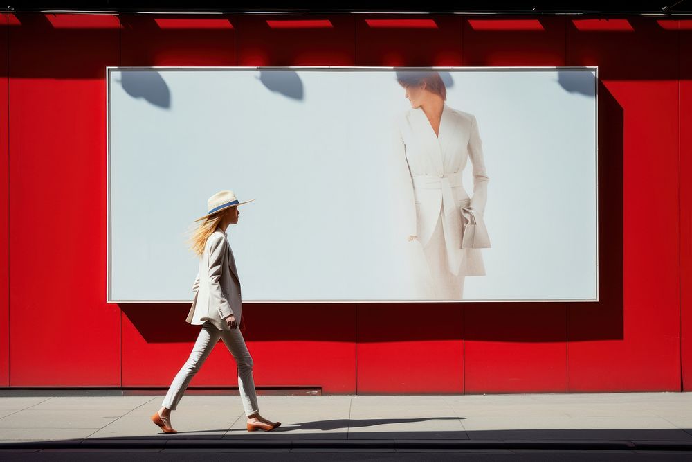 A minimalistic photography of a lady crossing the bright advertisment style walking adult architecture.