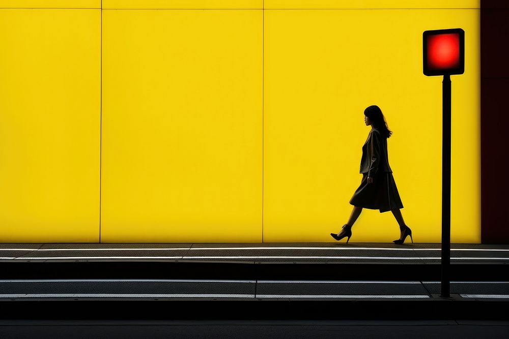 A minimalistic photography of a lady crossing the bright advertisment style walking light adult.