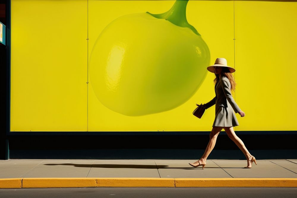 A minimalistic photography of a lady crossing the bright advertisment style walking adult architecture.