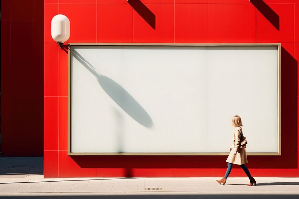 A minimalistic photography of a lady crossing the bright advertisment style walking architecture outdoors.