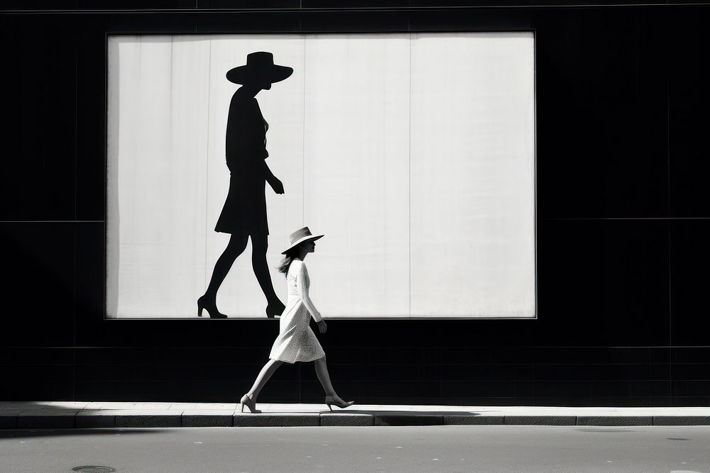 A minimalistic photography of a lady crossing the bright advertisment style walking adult silhouette.
