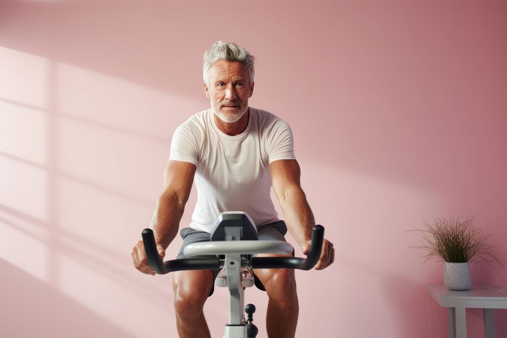 A minimalistic photography of a man exercise cycling at home in advertisment style sports adult gym.