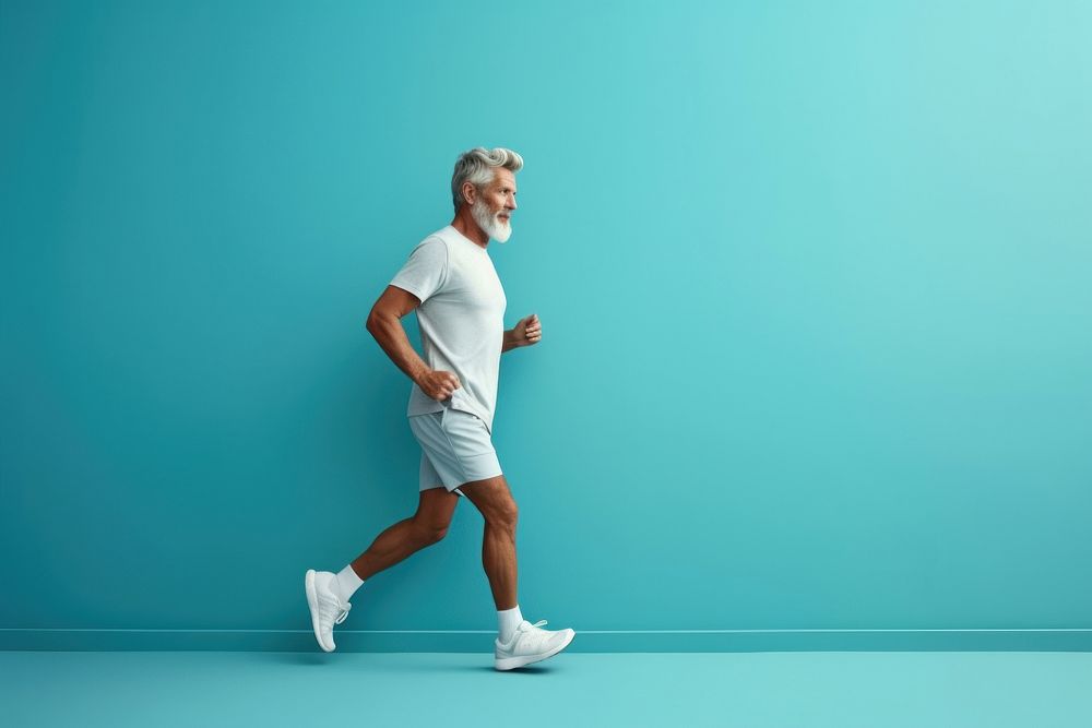 A minimalistic photography of a man exercising advertisment style jogging running shorts.