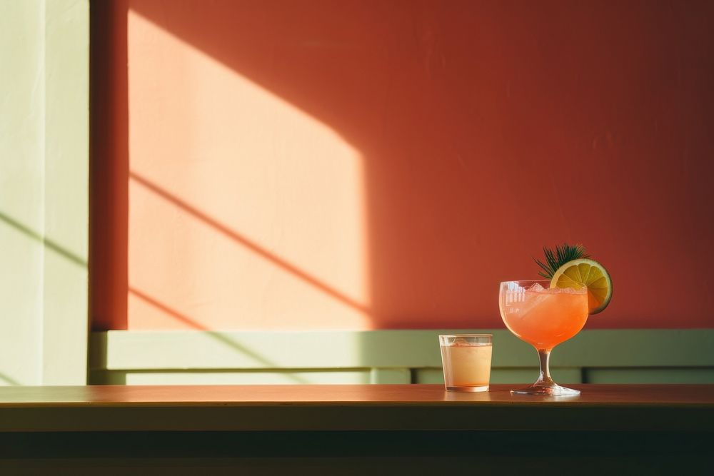 A minimalistic photography of cocktail bar in american cottage country side advertisment style window drink fruit.