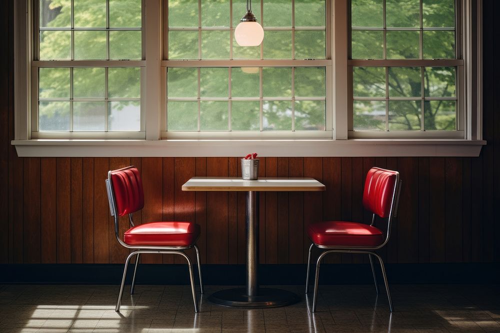 A minimalistic photography of inside the cafe in american cottage country side advertisment style furniture window table.