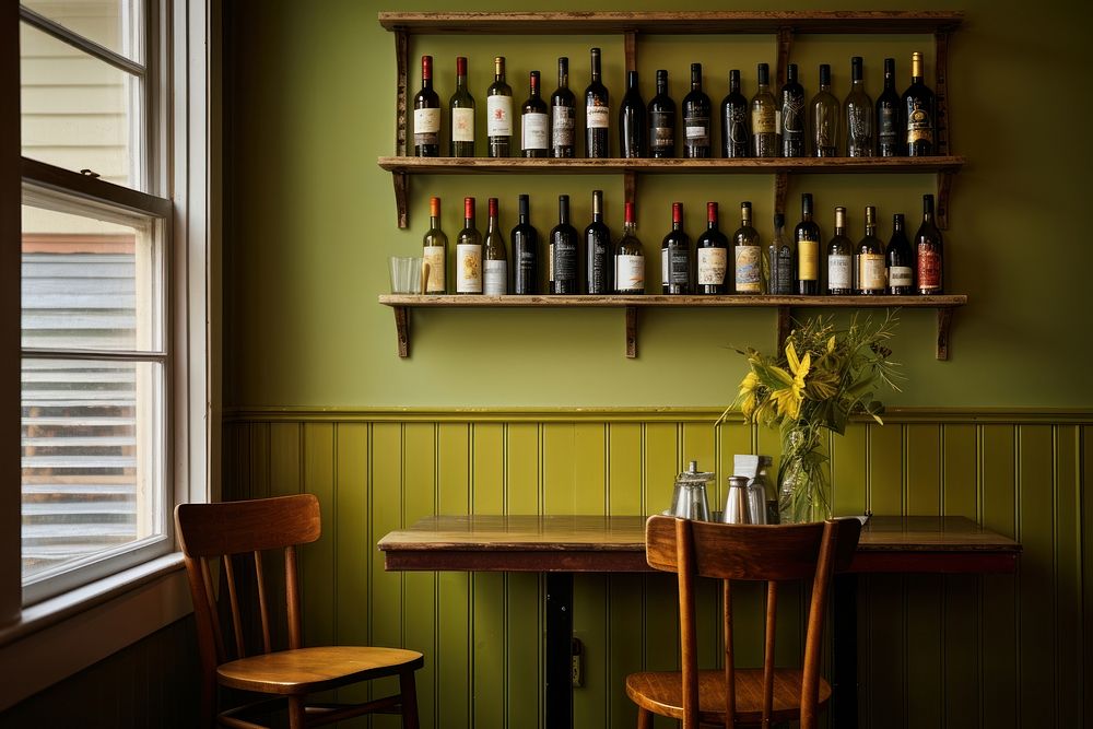 A minimalistic photography of Wine bar in american cottage country side advertisment style wine furniture bottle.