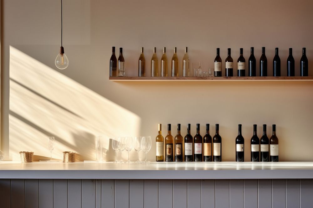 A minimalistic photography of Wine bar in american cottage country side advertisment style wine bottle drink.