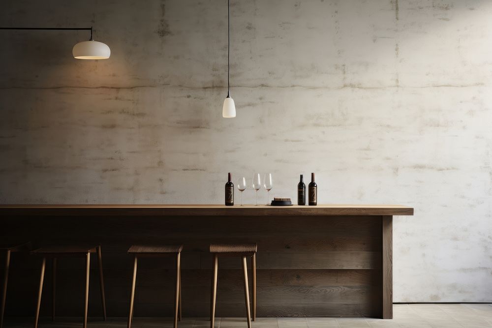 A minimalistic photography of Wine bar in japanese advertisment style architecture furniture lighting.