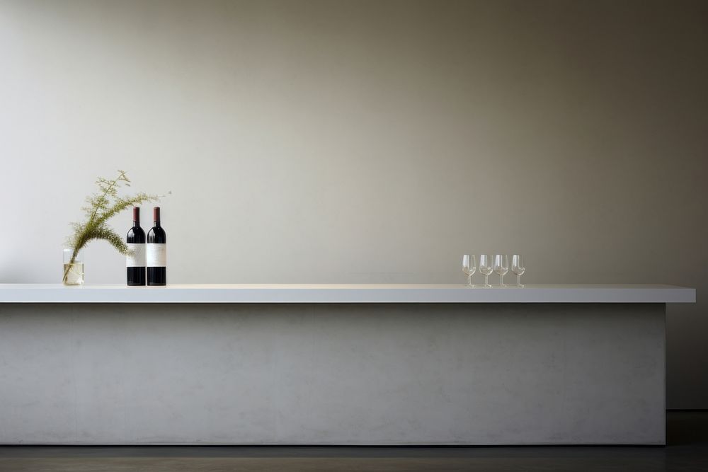 A minimalistic photography of Wine bar in japanese advertisment style sideboard furniture table.