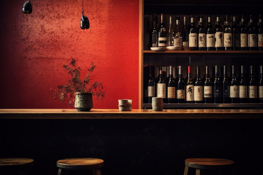 A minimalistic photography of Wine bar in japanese advertisment style wine bottle drink.