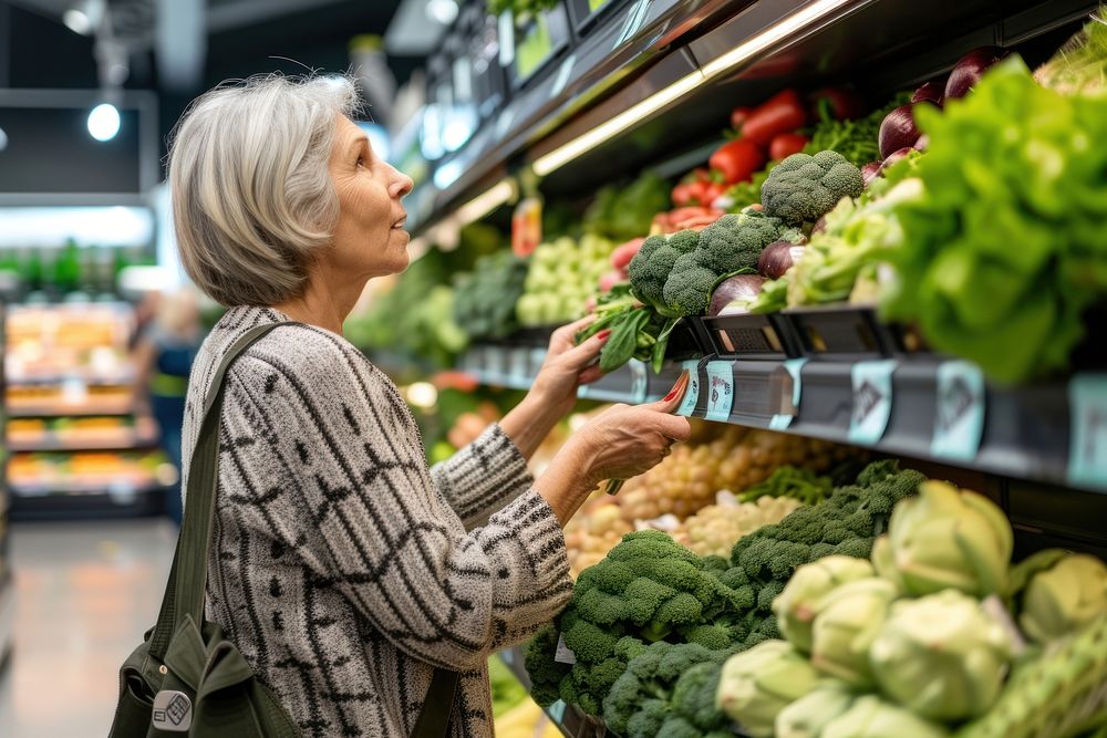 Middle age woman choose vegetable at grocery store market adult consumerism.