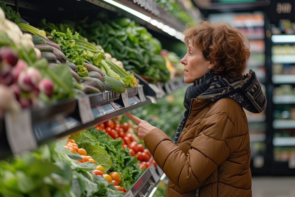Middle age woman choose vegetable at grocery store market adult supermarket.