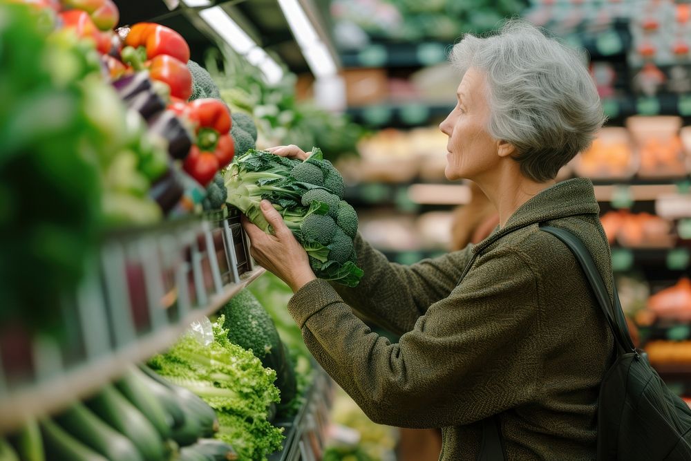 Middle age woman choose vegetable at grocery store market food consumerism.