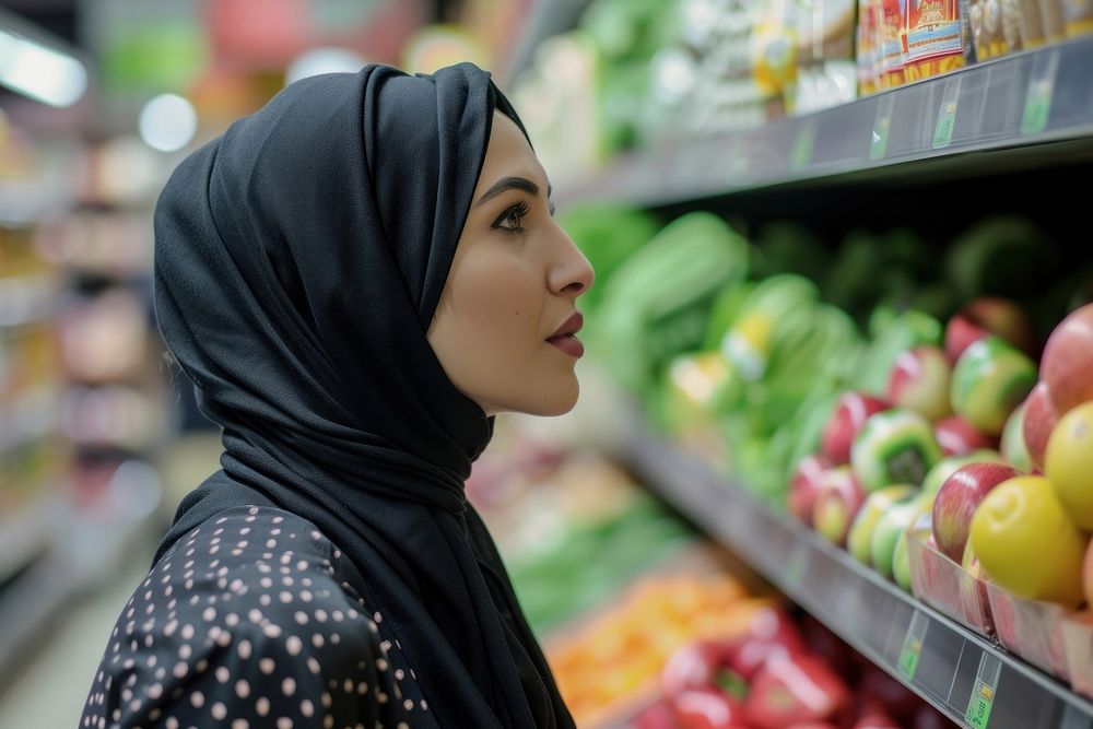 Middle east woman choose the product at grocery store market adult supermarket.