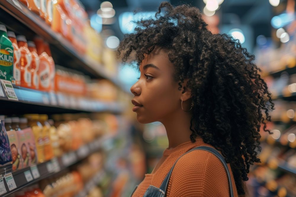 African American woman choose the product at grocery store supermarket consumerism hairstyle.