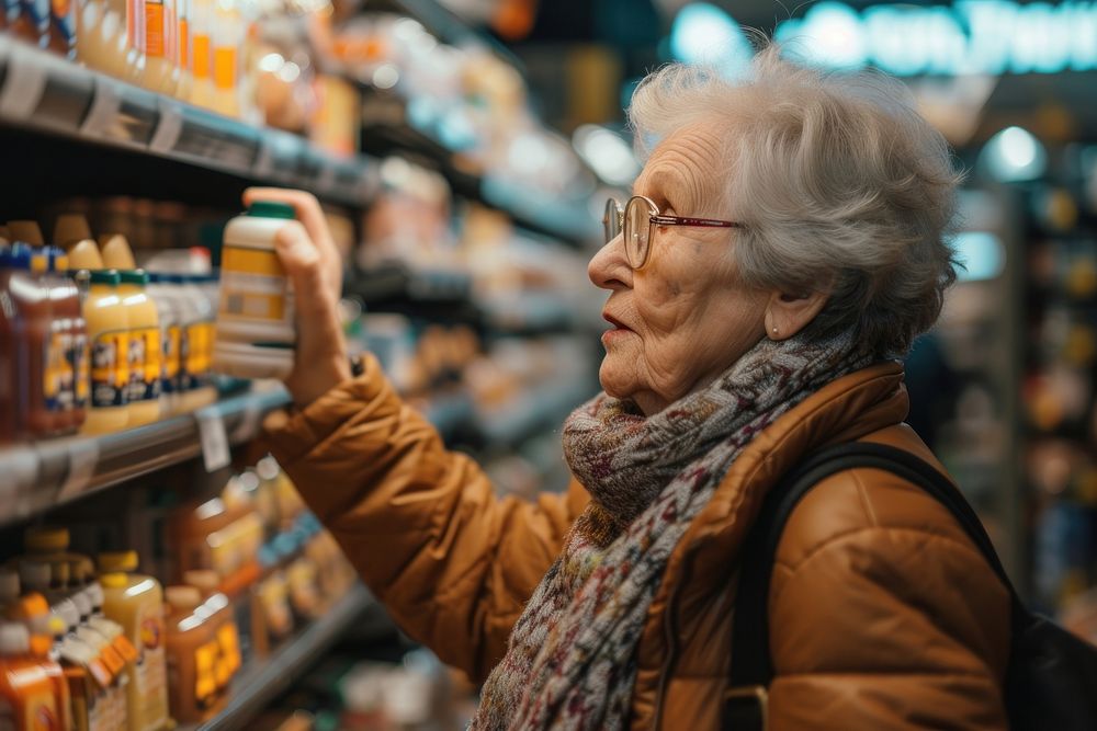 Elderly woman choose the product at grocery store adult supermarket consumerism.