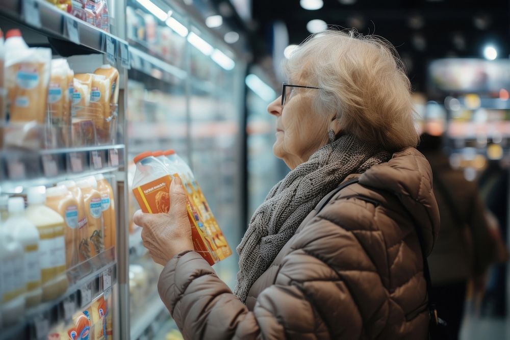 Elderly woman choose the product at grocery store adult supermarket consumerism.