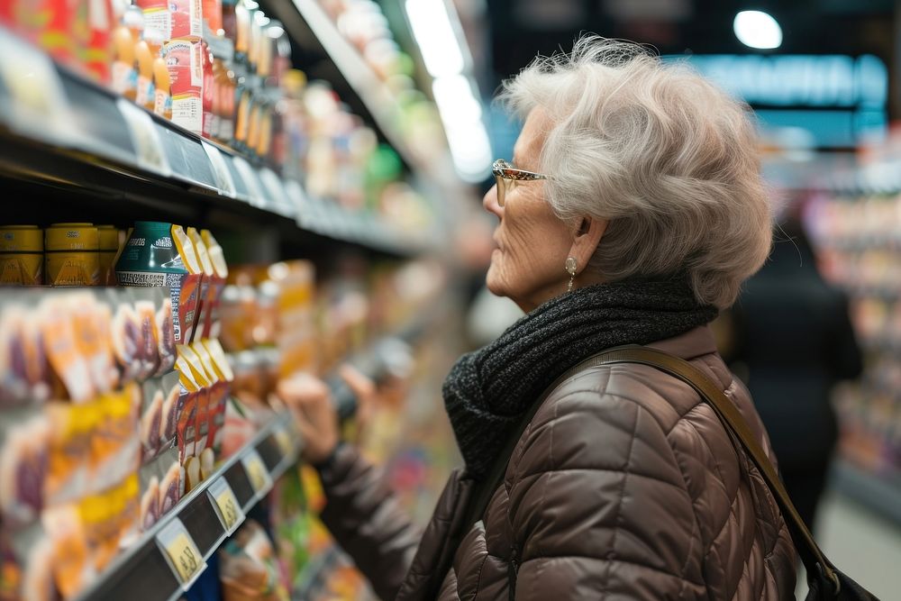 Elderly woman choose the product at grocery store adult clapperboard supermarket.
