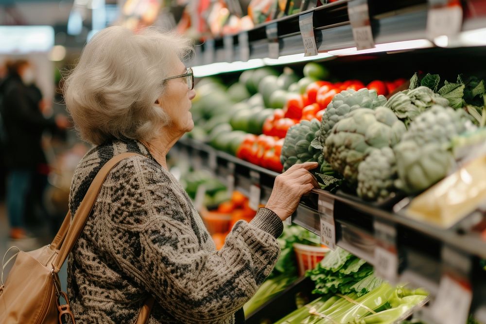Elderly woman choose vegetable at grocery store market adult food.